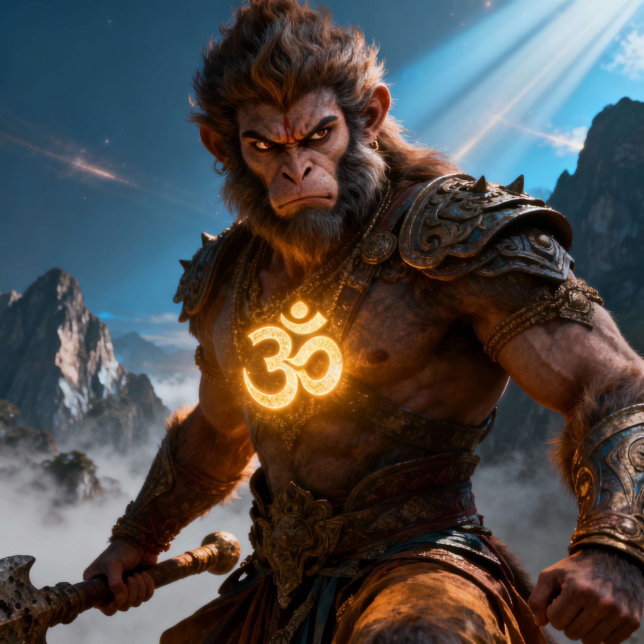 A hyper-realistic, muscular monkey warrior inspired by Hanuman, standing on a misty mountaintop. He wears ornate armor, wields a large mace (gada), and has a brightly glowing golden 'Om' symbol on his chest as divine light rays shine down from the sky.