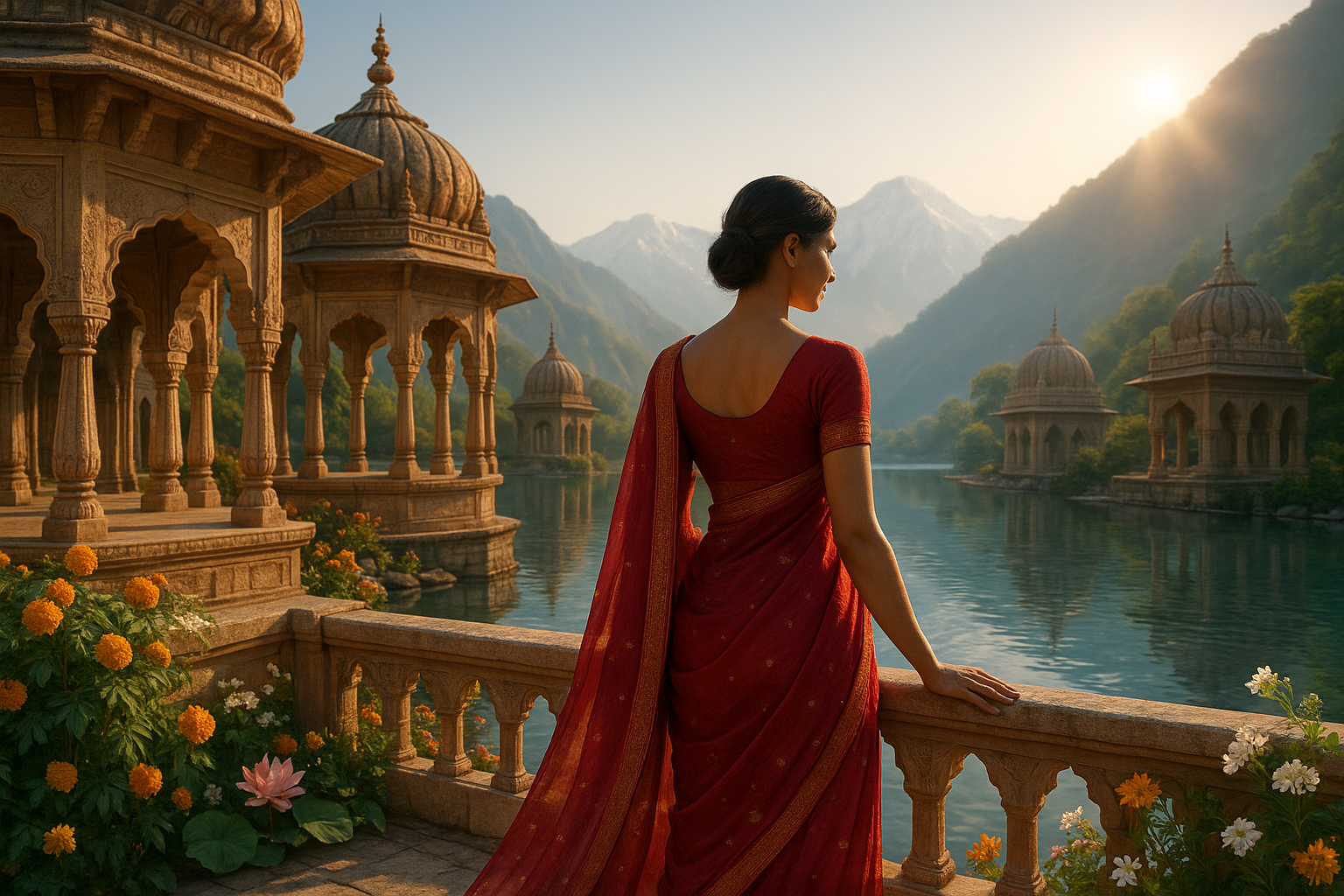 A woman in a red sari, seen from behind, stands on an ornate stone balcony of a Vedic palace, looking out over a tranquil lake with temple domes and distant snow-capped mountains at sunrise.